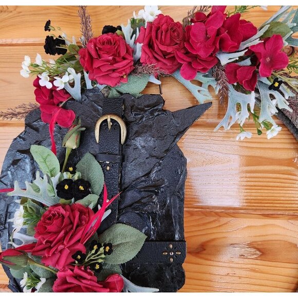 Artificial Floral Wreath With Red Roses & Greenery On Black Textured Base & Rope - Picture 13 of 14